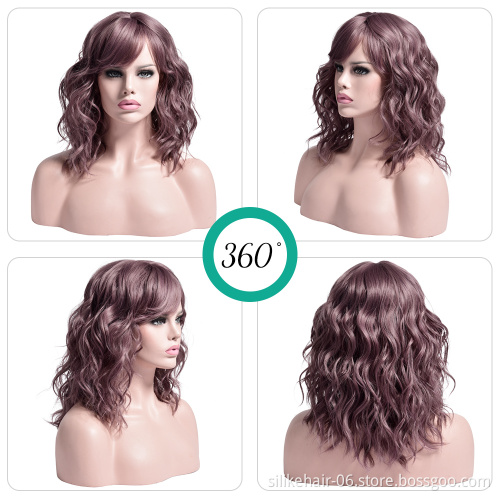 Hot Selling Heat Resistant Ombre Brown Black Brown Pink Silky Curly Wig For Women Synthetic Short Water Wavy Wigs With Bangs